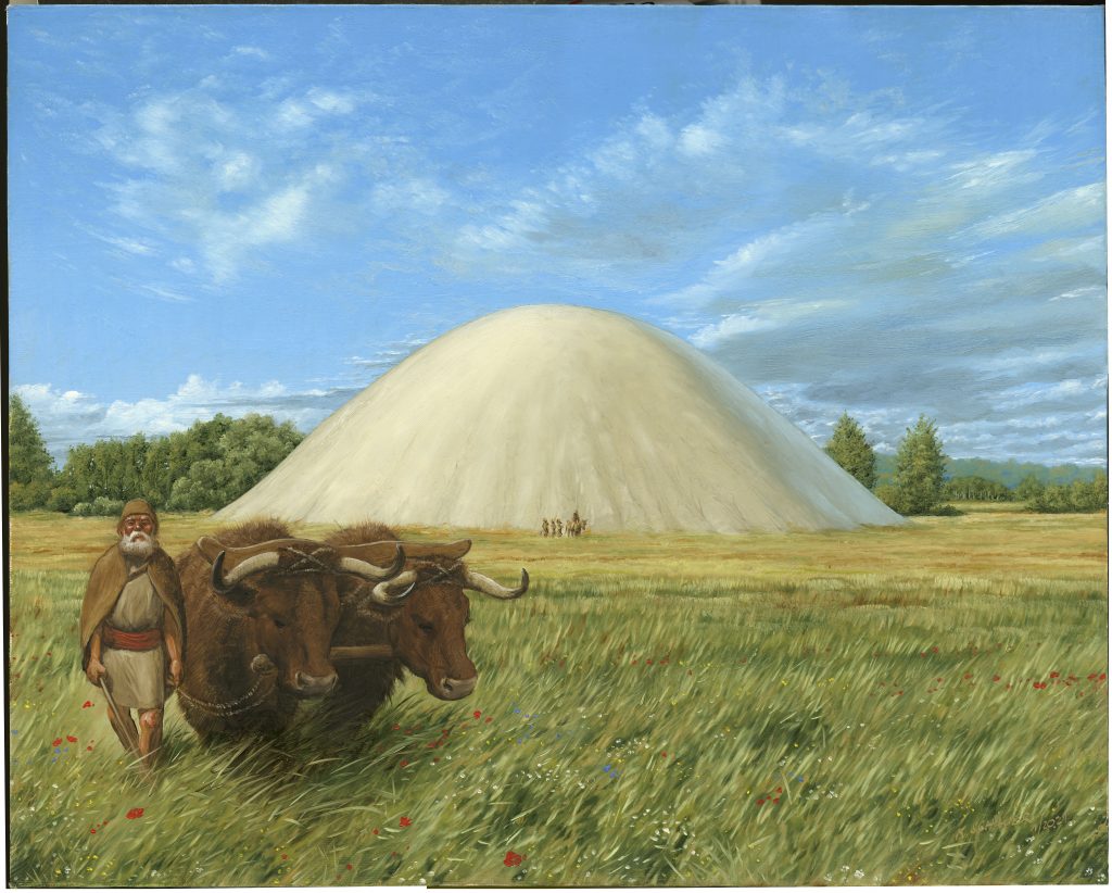 Zeichnung eines weißen Grabhügels aus der Bronzezeit. Der Bornhöck hatte 70 Meter Durchmesser und war 15 Meter hoch.