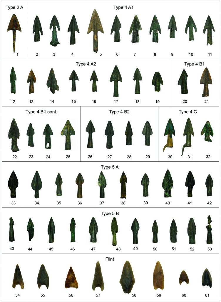61 verschiedene Pfeilspitzen aus der Bronzezeit. Datiert um das Jahr 1275 vor Christus. Ausgegraben im Tollensetal in Mecklenburg Vorpommern