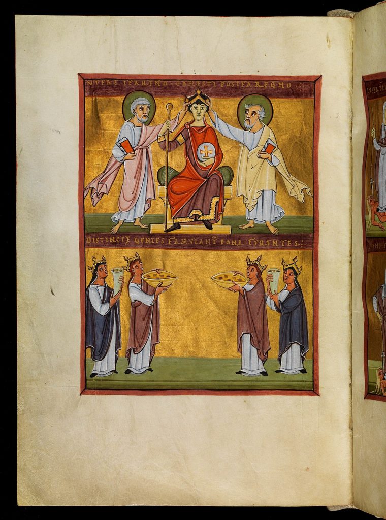 Über 1000 Jahre alte Buchmalerei: Eine Seite aus der Bamberger Apokalypse. Auf goldenem Grund gemalt zeigt sie die Krönung Heinrich II.