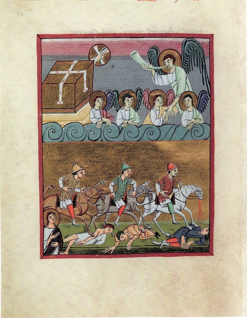 Über 1000 Jahre alte Buchmalerei: Ein Blatt aus der Bamberger Apokalypse. Es ist zweigeteilt. Oben sieht man Engel und unter Reiter, die über Tote hinweggaloppieren.