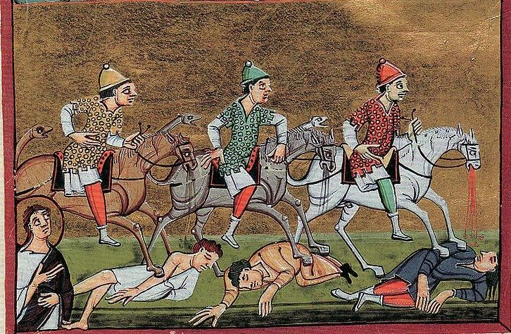 Über 1000 Jahre alte Buchmalerei: Ein Blatt aus der Bamberger Apokalypse. Es ist zweigeteilt. Oben sieht man Engel und unter Reiter, die über Tote hinweggaloppieren.