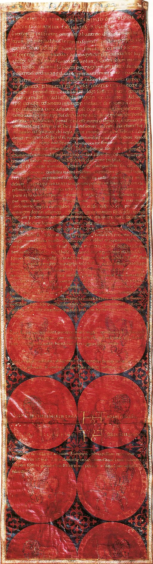 1,5 Meter langes Pergament in rot und Gold. Es handelt sich um die Hochzeitsurkunde von Kaiserin Theophanu.