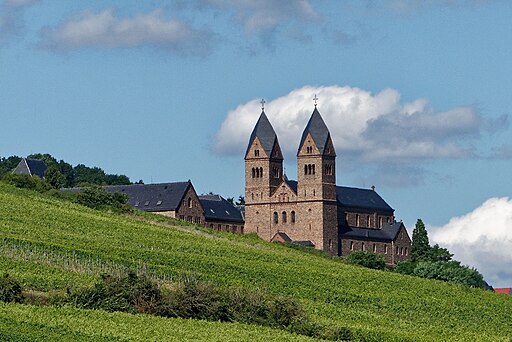 Blick über die Weinberge auf das huch gelegene Benediktinerinnenkloster Eibingen.